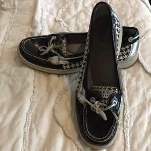 Black, silver herringbone boat shoes